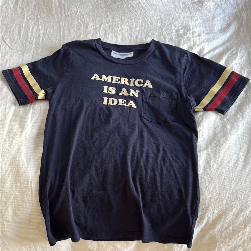 Special edition by Aurora James. Navy Blue T-Shirt with Striped Sleeves